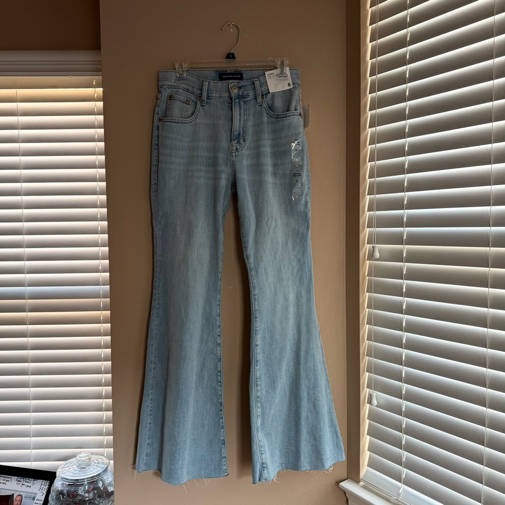 NWT Aeropostale Sky Blue High Rise Bell Flare Leg Stretch Jeans Cut Fray Bottoms